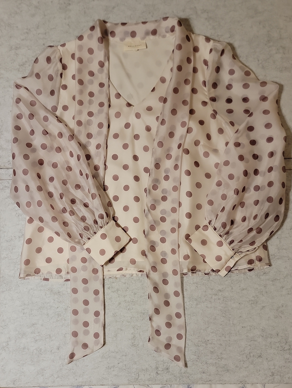 Melloday Womens XL Cream Burgundy Polka Dot Bow Sheer Sleeve Blouse